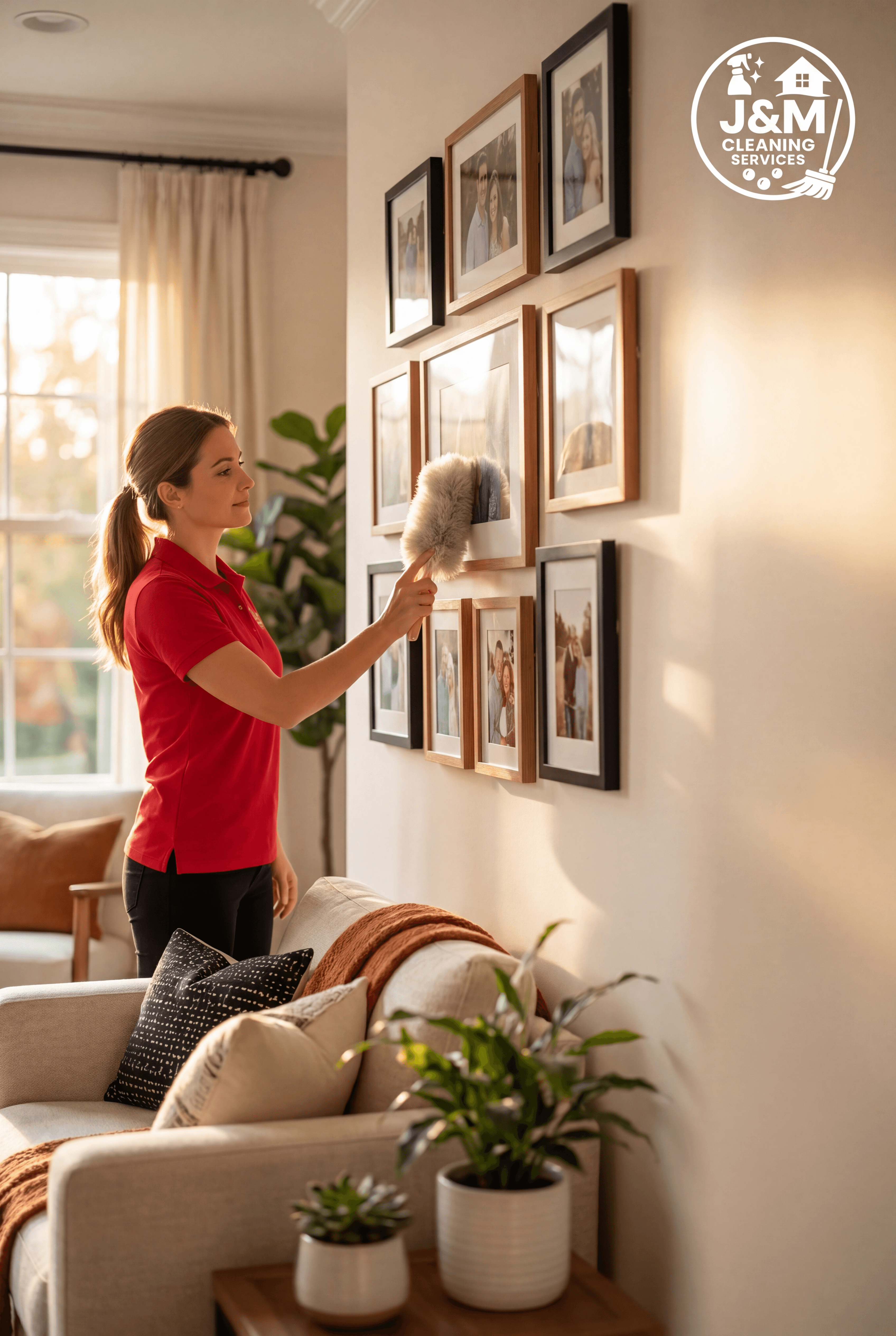 Professional J&M cleaner dusting photo frames in a tidy Liverpool living room