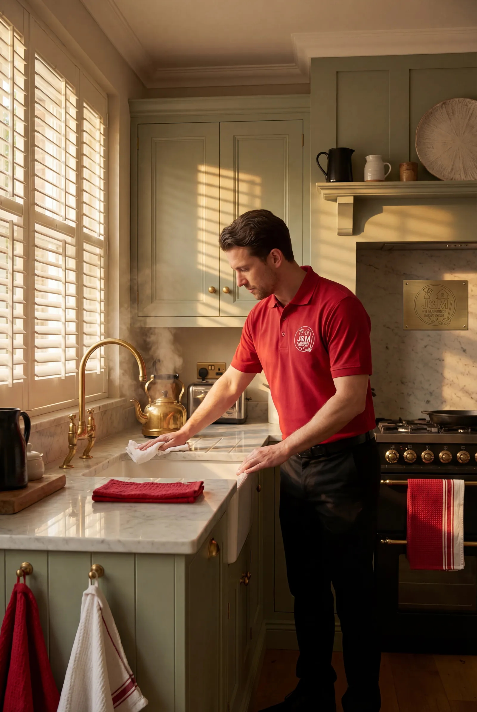 Spotlessly clean sage-green kitchen after J&M domestic cleaning service Liverpool