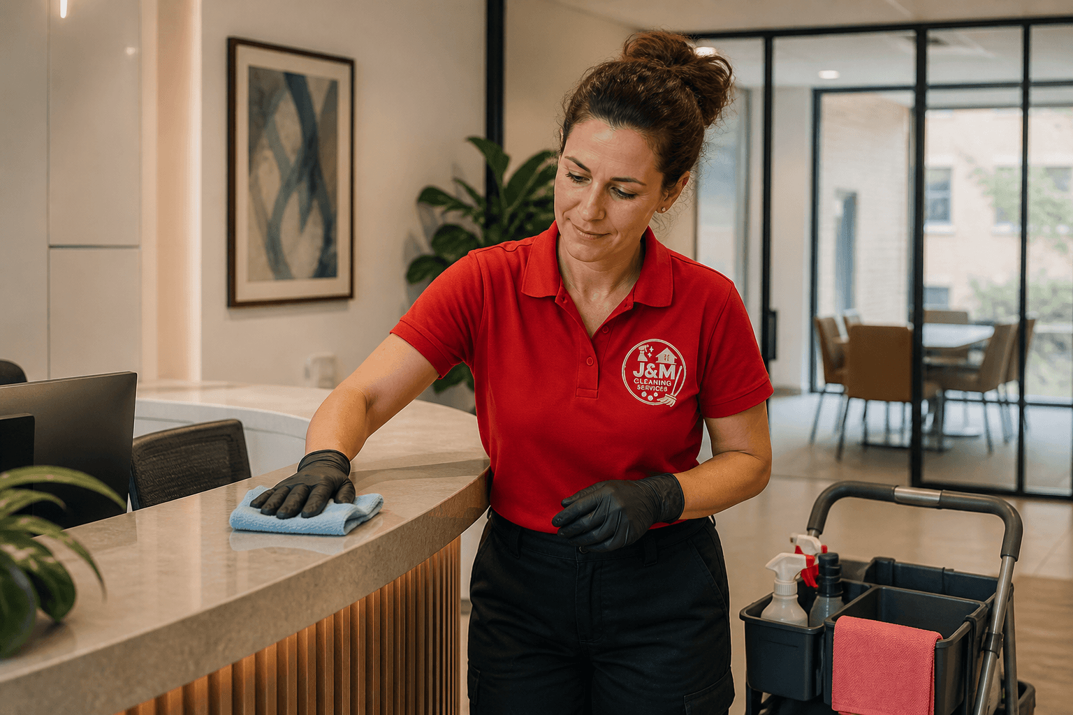 Illustration of a cleaner in a red J&M uniform caring for an office reception